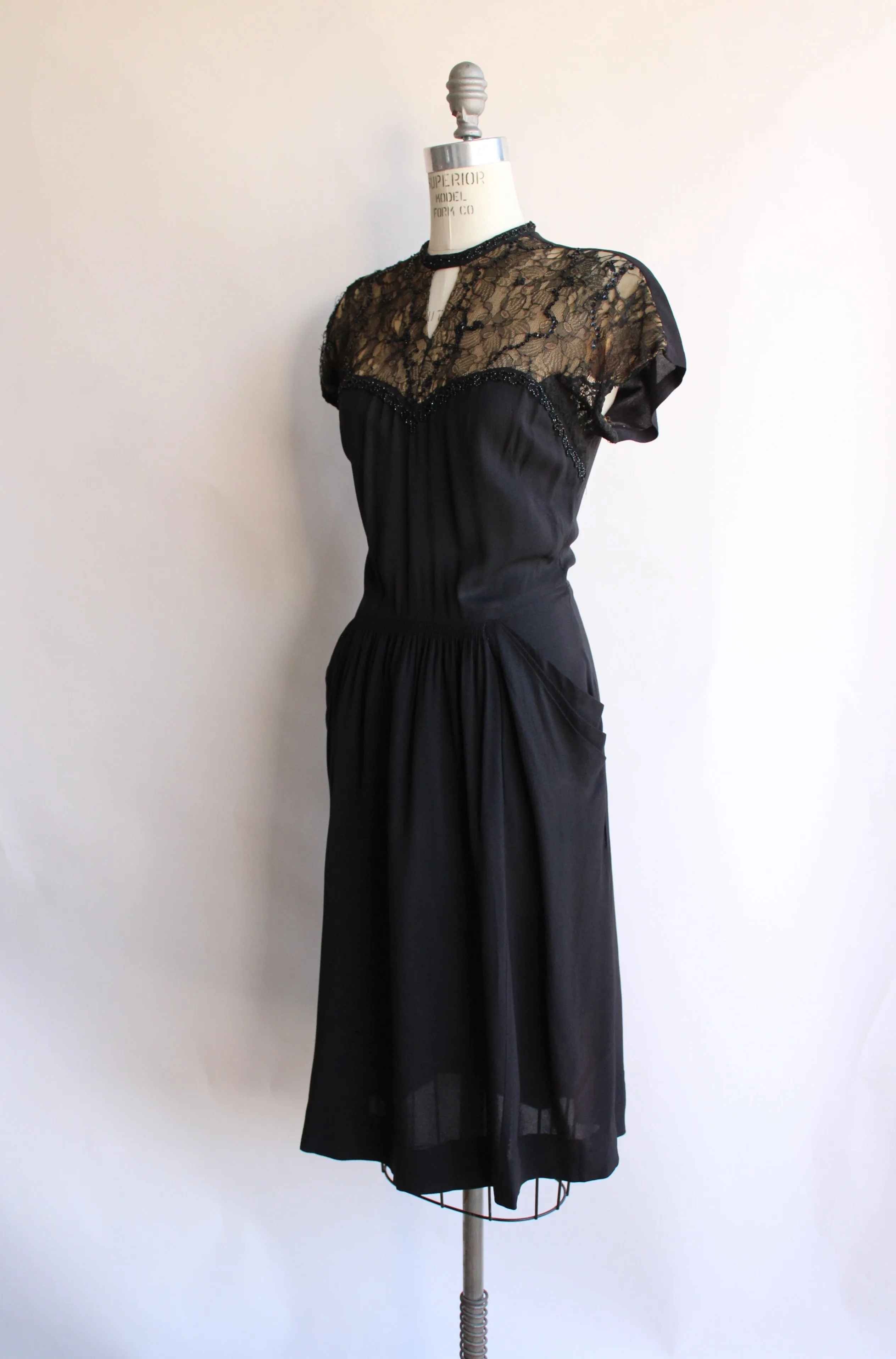 Vintage 1940s Black Dress With Illusion Lace Keyhole Neckline