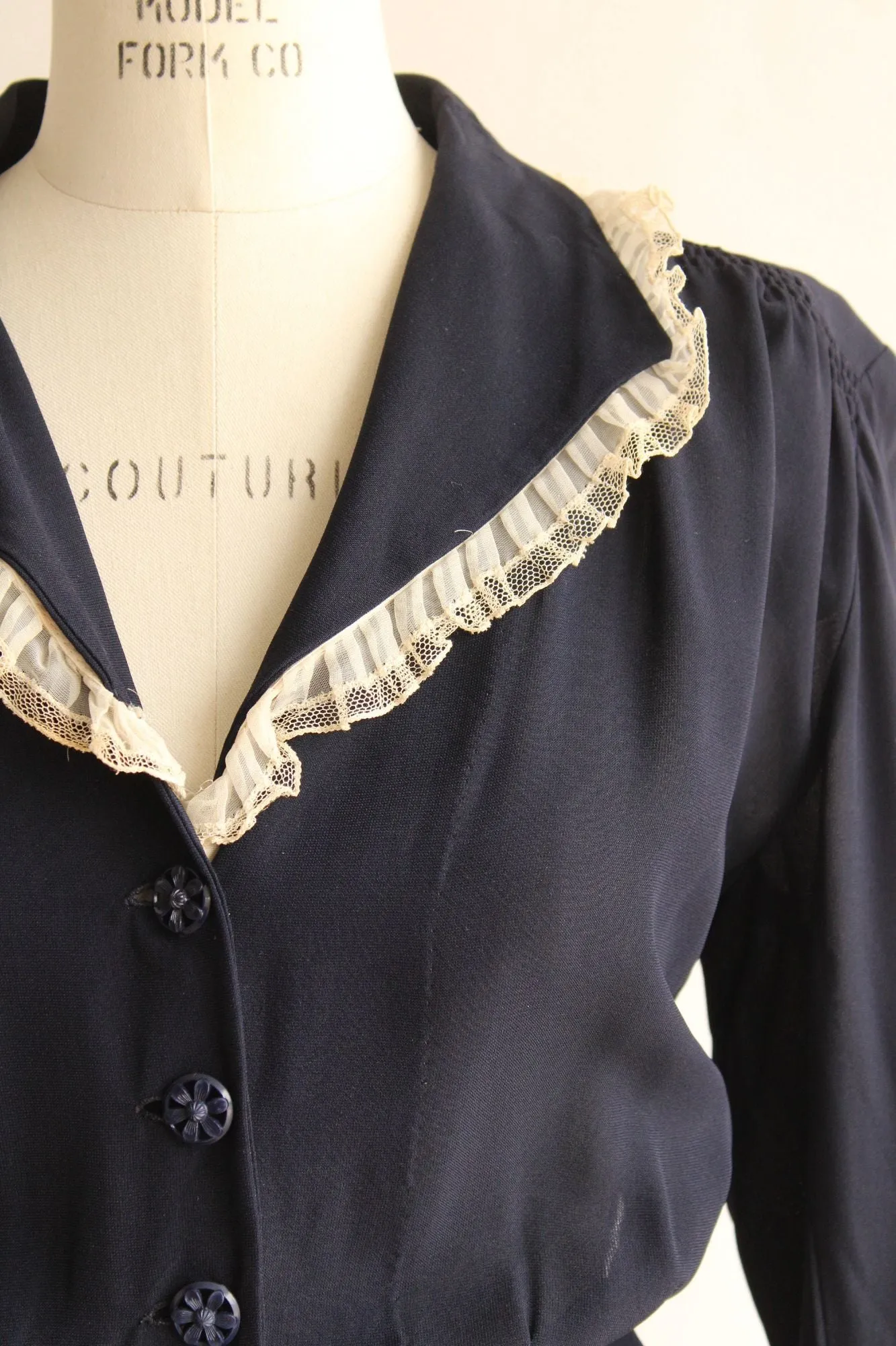 Vintage 1940s Volup Size Navy Blue Rayon Shirtwaist Dress