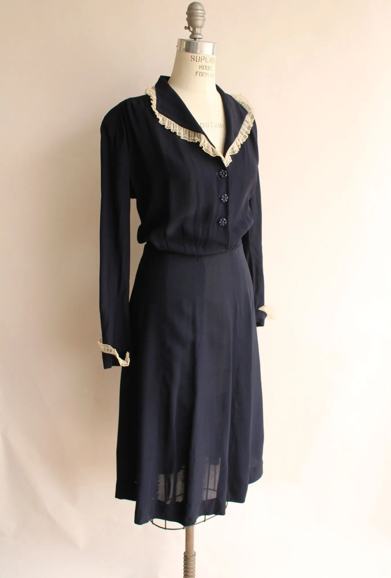 Vintage 1940s Volup Size Navy Blue Rayon Shirtwaist Dress