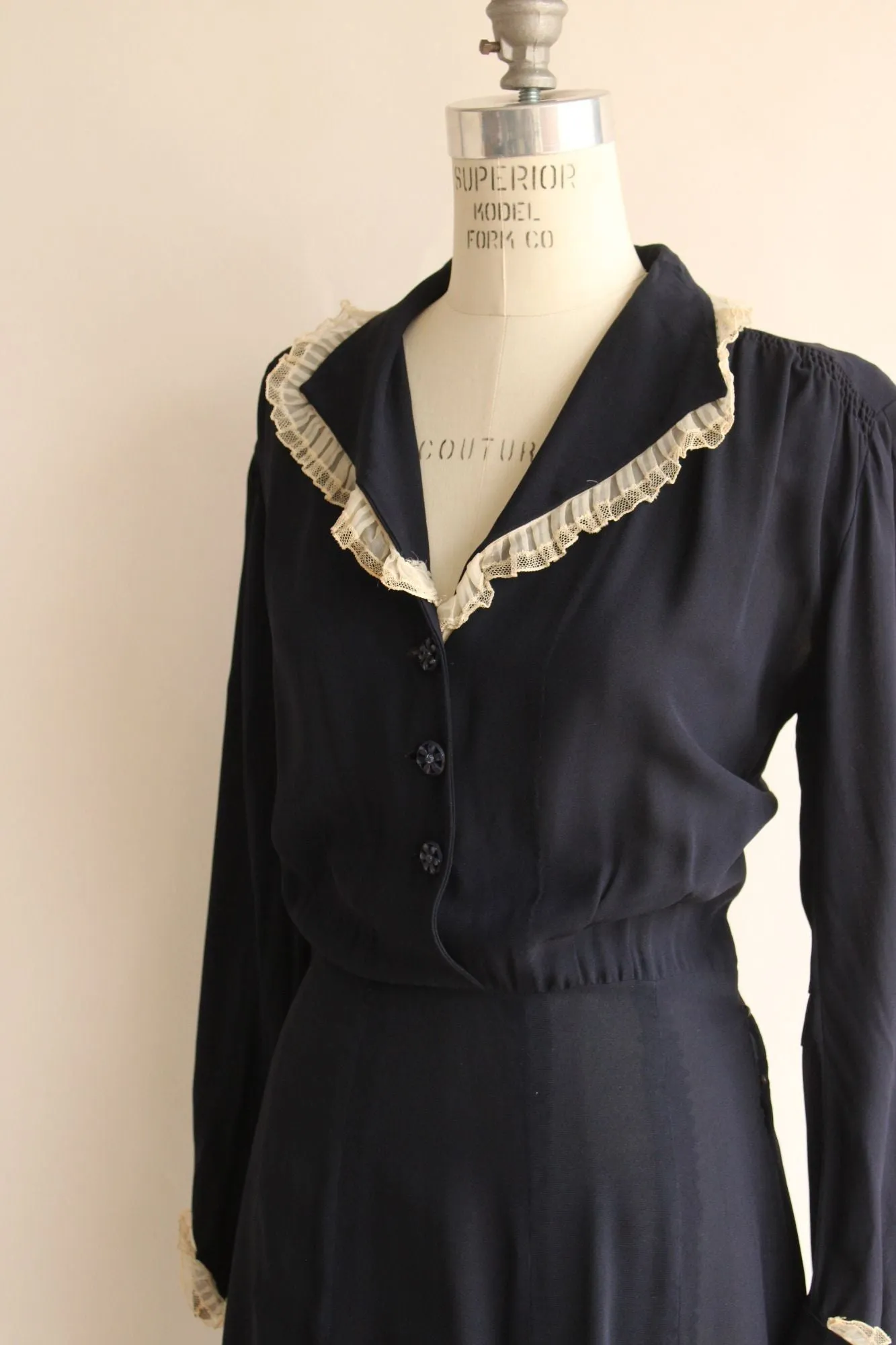 Vintage 1940s Volup Size Navy Blue Rayon Shirtwaist Dress