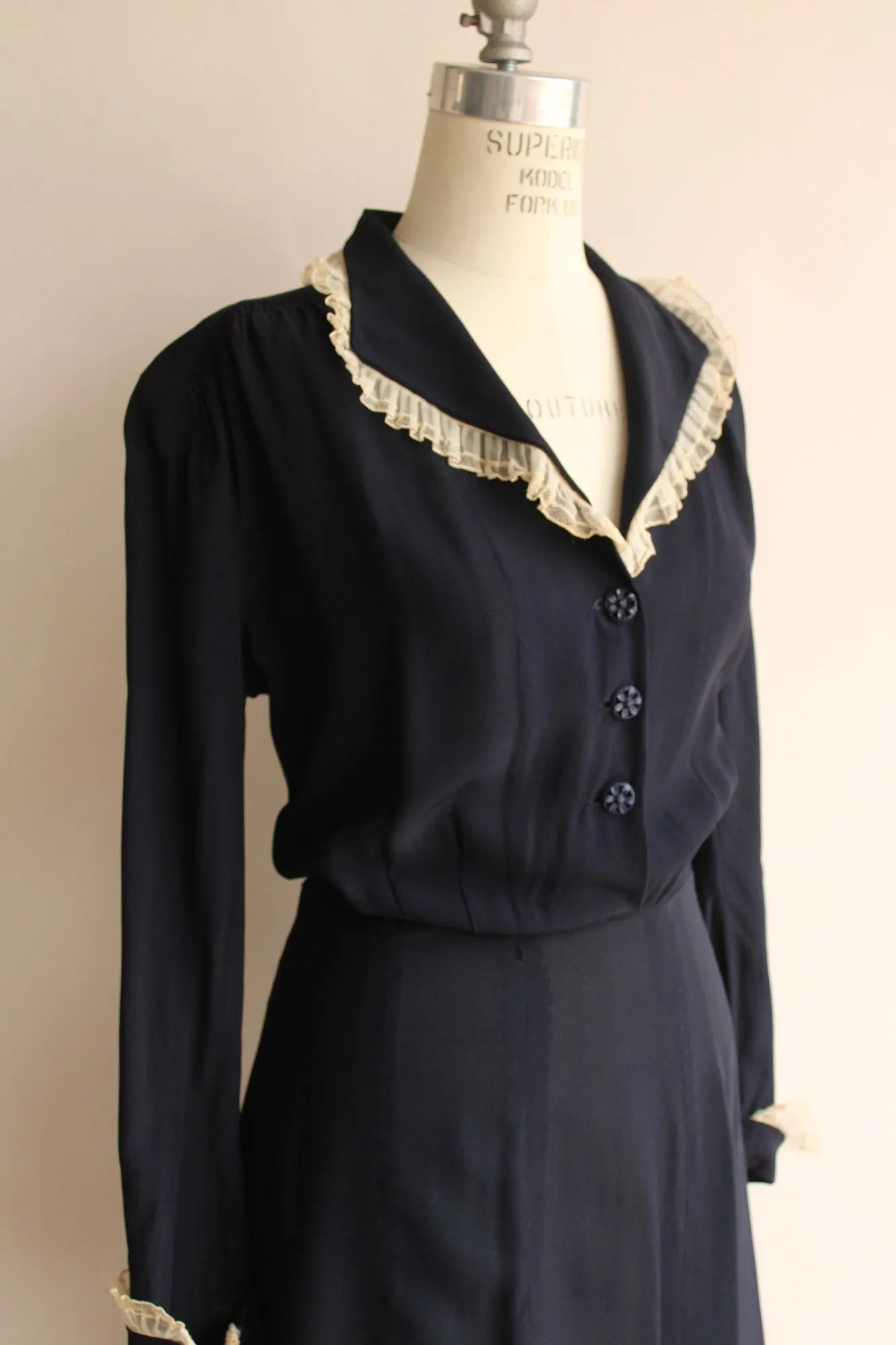 Vintage 1940s Volup Size Navy Blue Rayon Shirtwaist Dress