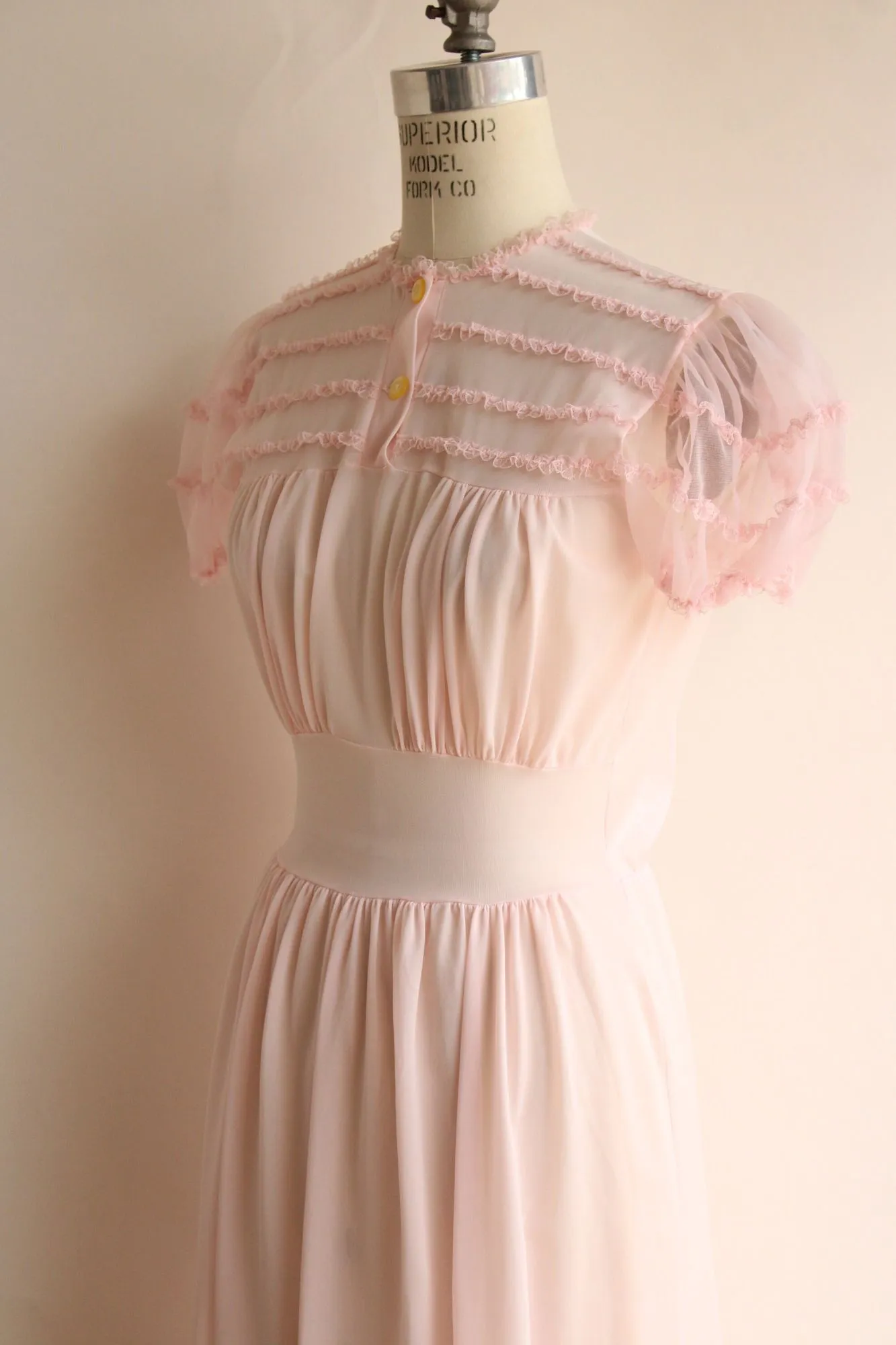 Vintage 1950s  Pink Nylon Nightgown with Lace Trim