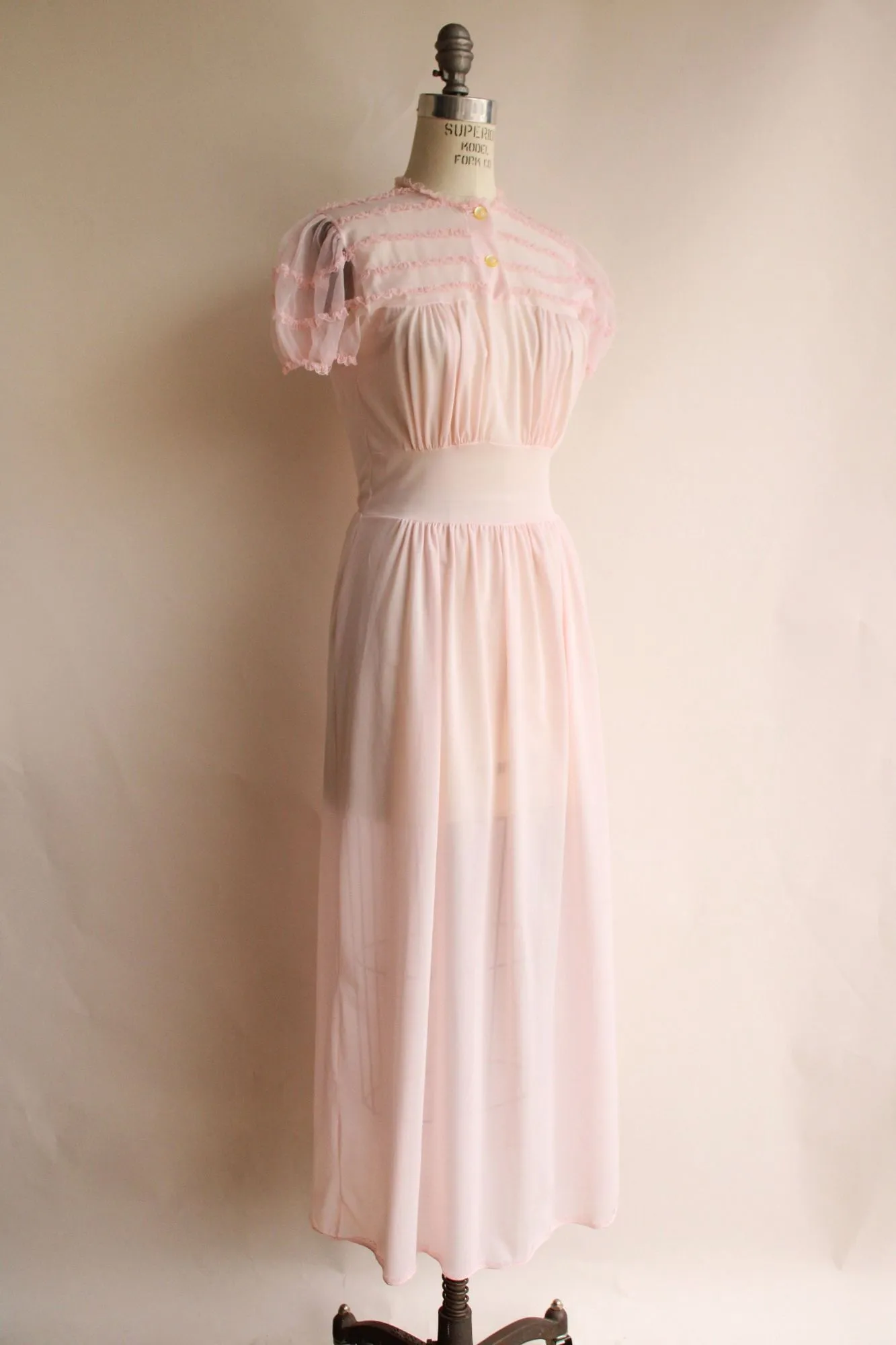 Vintage 1950s  Pink Nylon Nightgown with Lace Trim