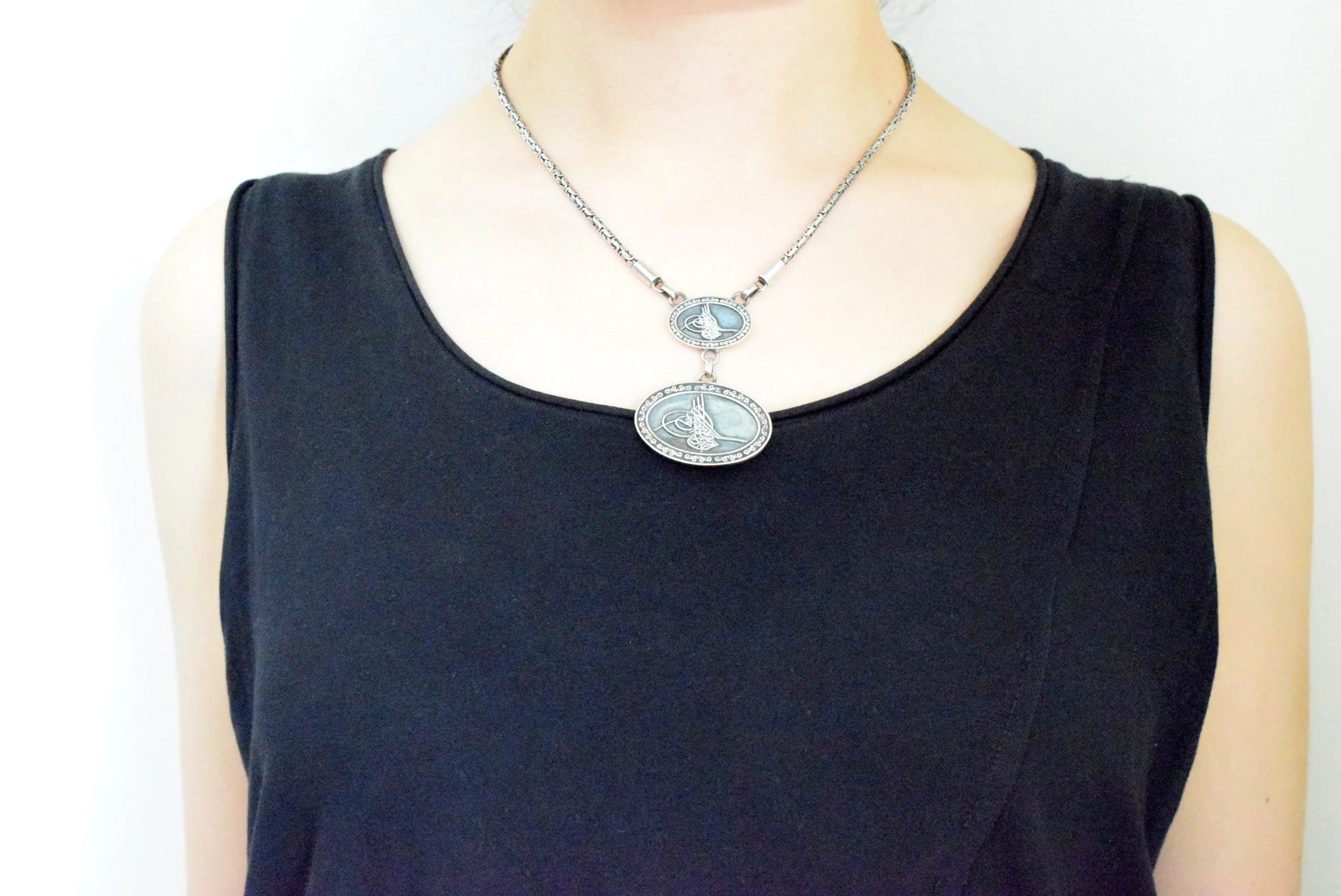 Vintage Turkish Blackened Silver Tughra Necklace