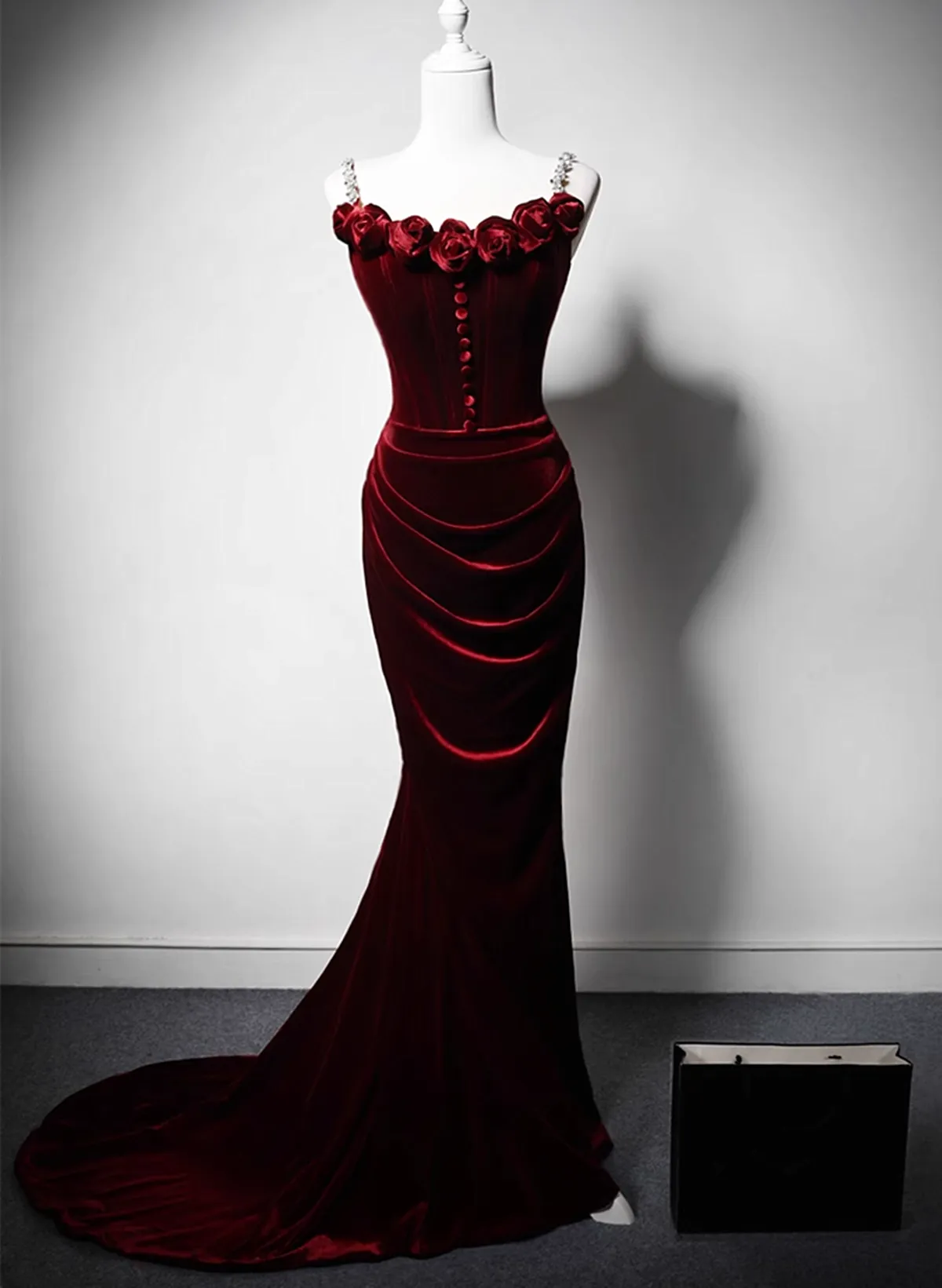 Wine Red Velvet Mermaid Long Straps Evening Dress, Wine Red Velvet Party Dress