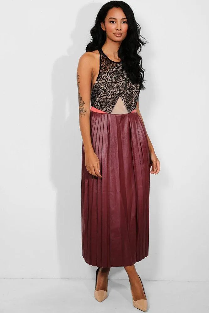 Wine Vegan Leather Pleated Skirt Maxi Dress