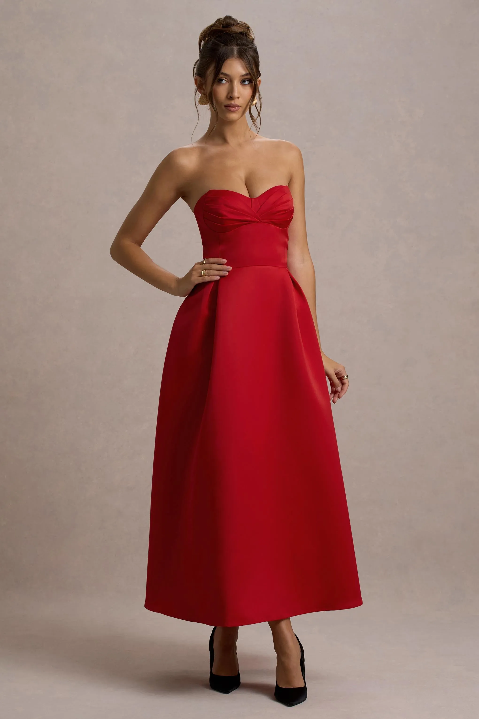 Wintour | Red Satin Sweetheart Midi Dress