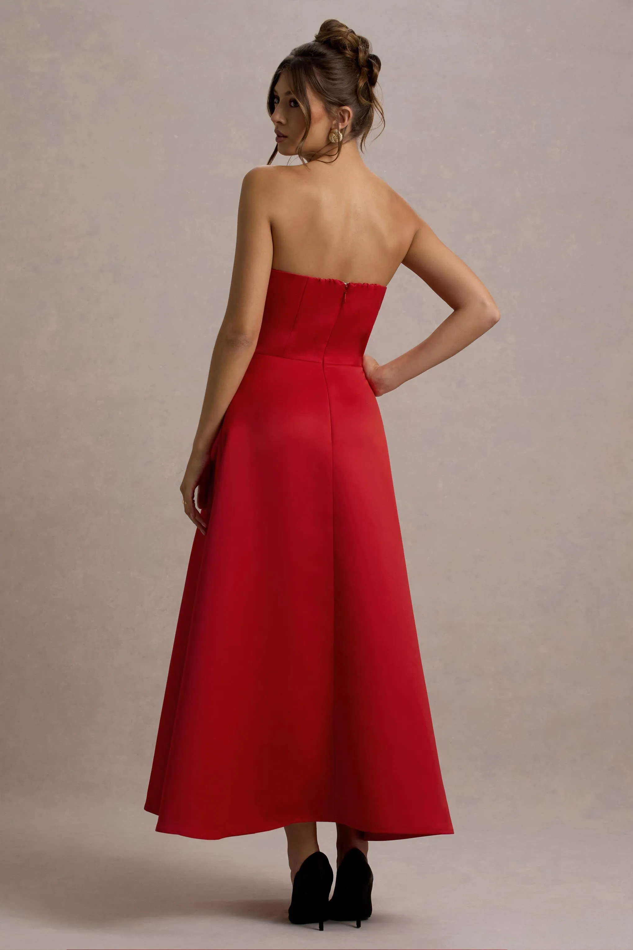 Wintour | Red Satin Sweetheart Midi Dress